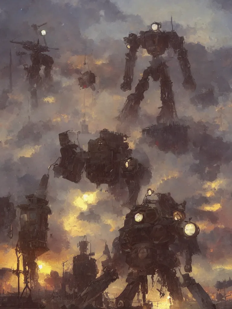 Prompt: russian revolution 1 9 1 0, a russian mecha,, evening, after the storm, drama, by rozalski and craig mullins and kenton nelson, artstation