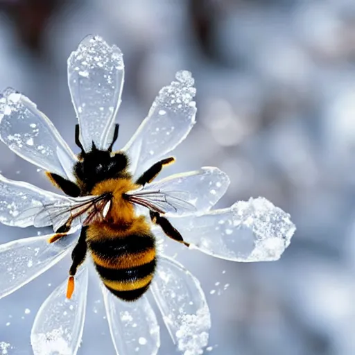 Image similar to a bee finding a beautiful flower made of snowflakes in antarctica, only snow i the background, beautiful macro photography, ambient light