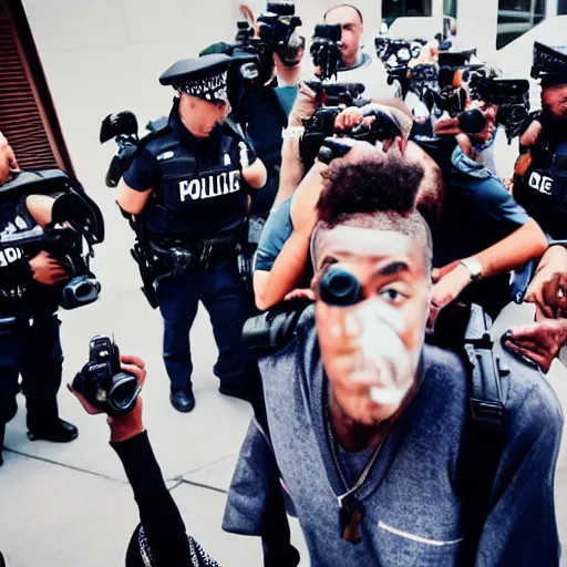 Prompt: rapper leaving a police station surrounded by paparazzi and fans after being arrested, ultra realistic, photorealistic, dynamic light, symmetry faces, cinematic