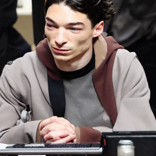 Prompt: Ezra Miller sitting at his PC ddosing people