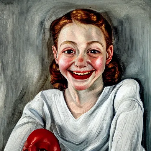 Image similar to high quality high detail painting by lucian freud, hd, beautiful young girl portrait, demonic smile, alizarin crimson and white, photorealistic lighting