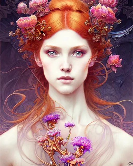 Image similar to Beautiful and playful ethereal ginger portrait, art nouveau, fantasy, intricate flower designs, elegant, highly detailed, sharp focus, art by Maximalism, Artgerm and Greg Rutkowski and WLOP