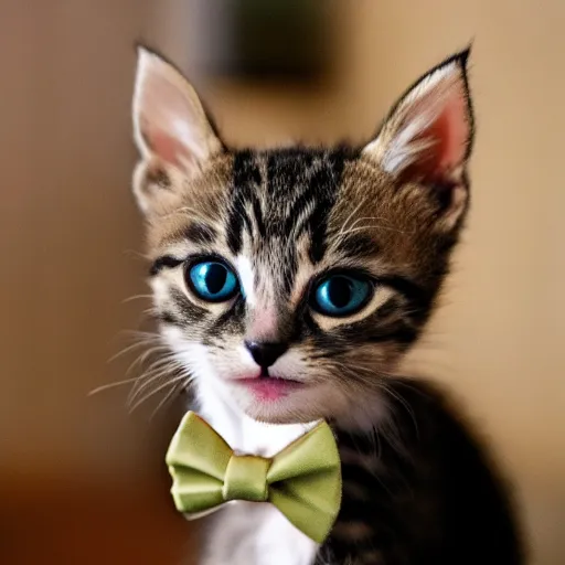 Prompt: a photograph of a kitten wearing a bowtie