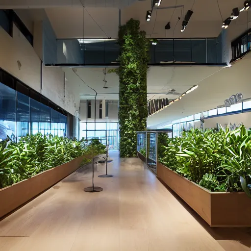 Prompt: interior photography of a Microsoft Samsung flagship store, wood, polished concrete, spotlights, verdant plants green wall, water feature, award winning interior design, patterns, retaildesignblog, dezeen, 14mm, 8k, cinestill, pentax, film