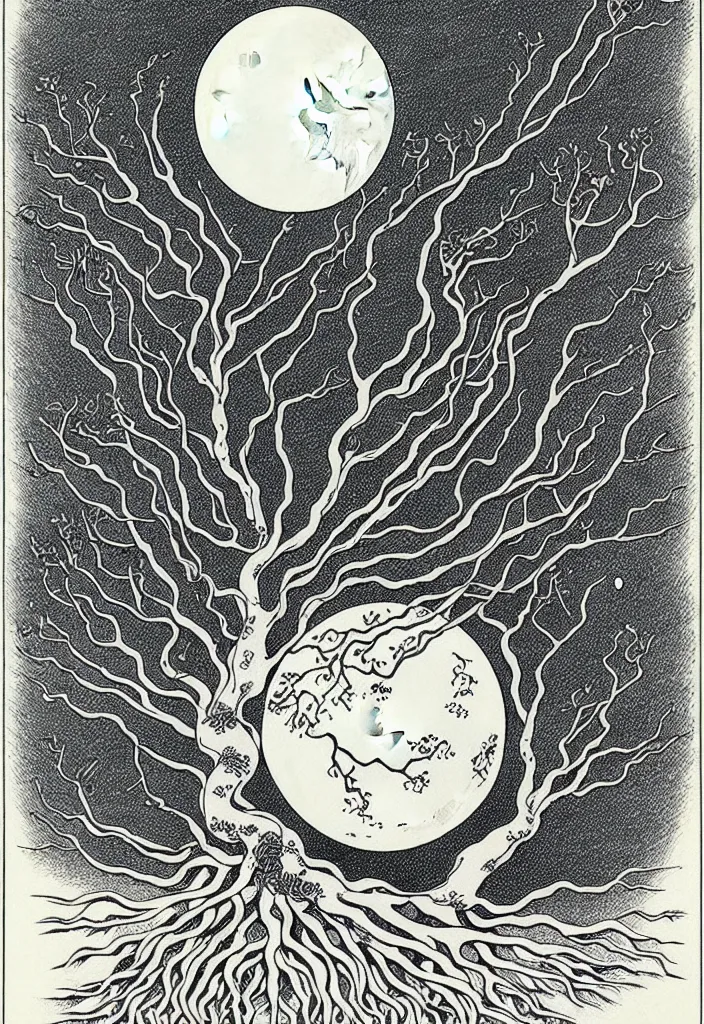 Image similar to prompt: white Bonsai tree roots merging into big moon drawn by Salvador Dali, Japanese woodblock print style, white moon and black background, clean ink detailed line drawing, intricate detail, manga 1990