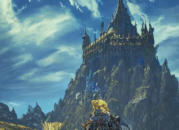 Image similar to Imposing sapphire gothic palace ascending out of the tempestuous sea, beautiful architecture, dramatic lighting, epic composition, wide angle, close up, by Miyazaki, Nausicaa Ghibli, Breath of The Wild