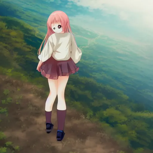 Image similar to anime, full body, girl standing in the top of hill, pixiv, illustration