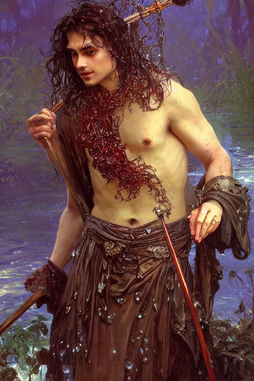 Prompt: portrait of a man wearing a knight robe, holding a fantasy staff, drenched body, wet dripping hair, emerging from the water, fantasy, regal, fractal crystal, fractal gems, by stanley artgerm lau, thomas kindkade, alphonse mucha, loish, norman rockwell