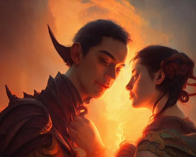 Image similar to photography of two people in volcano, deep focus,, fantasy, intricate, elegant, highly detailed, digital painting, artstation, concept art, matte, sharp focus, illustration, hearthstone, art by artgerm and greg rutkowski and alphonse mucha