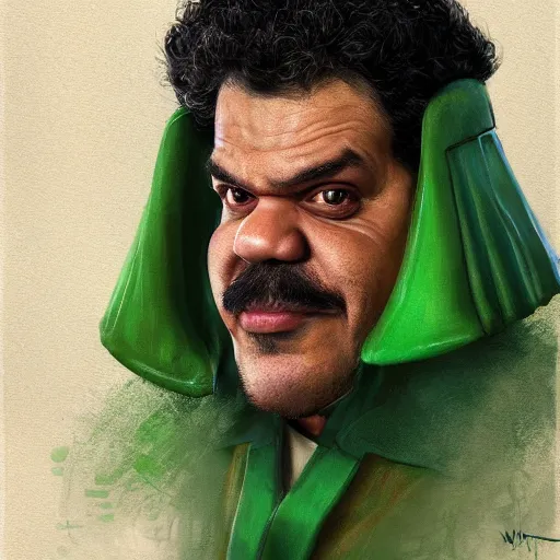 Image similar to hyper realistic, realistic - anime, portrait, beautifully rendered, italian garb the future, star wars, caricature, luis guzman as luigi wearing green, smirking deviously, luigi, luigi's nose, painted by gustave courbet, greg rutkowski, wlop, artgerm, dishonored 2,