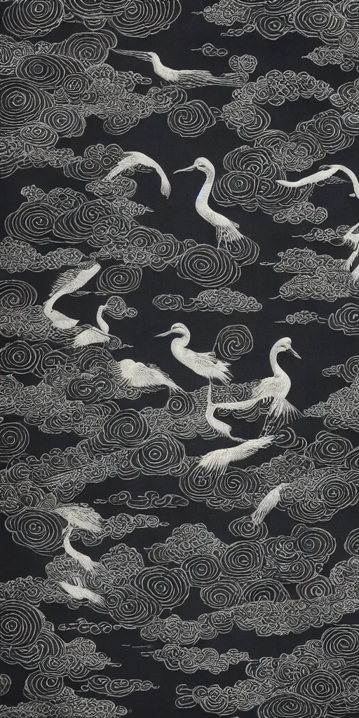 Image similar to black paper, an intricate old fashioned depiction of chinese crane, chinese auspicious cloud pattern surrounds it, symmetre, elaborate ink illustration by wu daozi, qiu ying