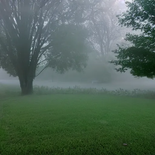 Prompt: poor neighborhood, overgrown, photo taken from a porch, fog rolling along the ground, ethereal, police lights shining off camera