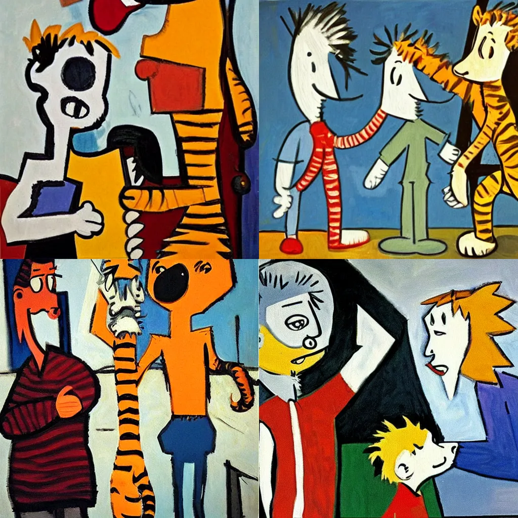 Prompt: calvin and hobbes as adults, painting by picasso