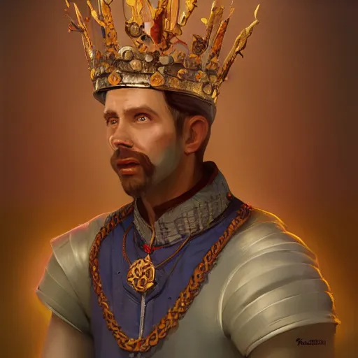 Image similar to a painting of a man wearing a crown, a character portrait by rajmund kanelba, polycount contest winner, renaissance, d & d, detailed painting, storybook illustration