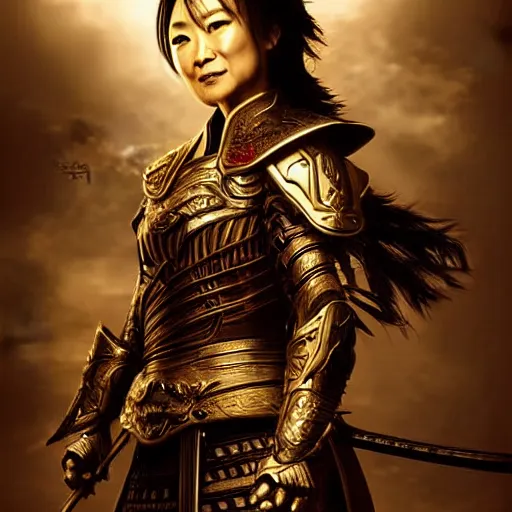 Image similar to ming na wen in samurai armor, atmospheric lighting, painted, intricate, golden hour, ultra detailed by royo