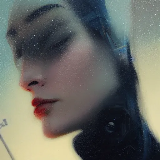 Prompt: detailed face of a woman, clockwork, moment, tectonic sky, skydome, bullet train, turbines, utopian, tech noir, wet reflections, prism, atmospheric, ambient, nick alm, casey baugh, pj crook, syd mead, livia prima, nick alm, casey baugh,