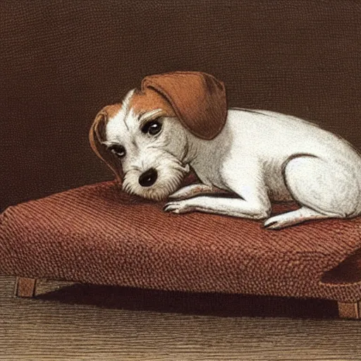 Image similar to closeup candid portrait of jack russel terrier crying on the dog bed, illustrated by peggy fortnum and beatrix potter and sir john tenniel