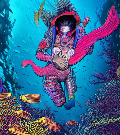 Prompt: a cyberpunk asian fish woman swims through a vibrant dark alien coral reef, Industrial Scifi, detailed illustration, character portrait, by Martin Grip and Moebius