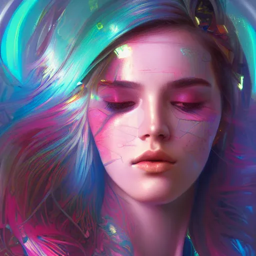 Image similar to young woman, gorgeous face, vaporwave aesthetic, synthwave, colorful, psychedelic, broken, shattered, beaten, sadness, crying, tears, artstation, concept art, smooth, extremely sharp detail, finely tuned detail, 8 k, ultra sharp focus, illustration, art by artgerm and greg rutkowski and alphonse mucha