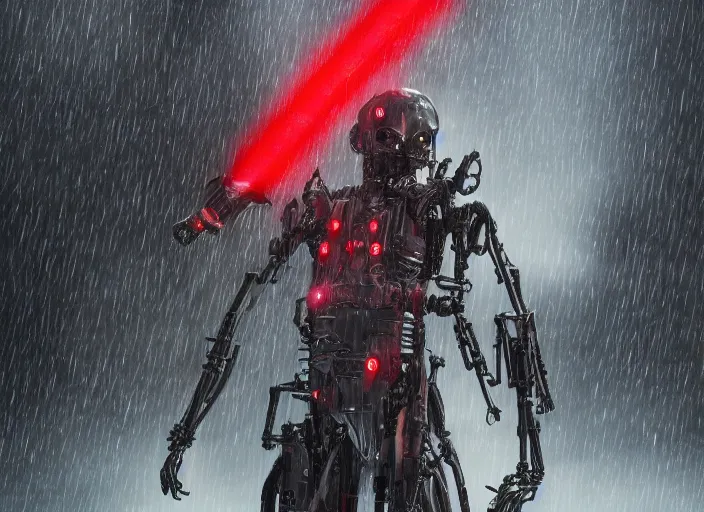 Image similar to 3 5 mm portrait photo of ( general grievous )!! with heavy duty biomechanical cybernetic body with many red lightsabers in the city in the rain. cyberpunk horror style.