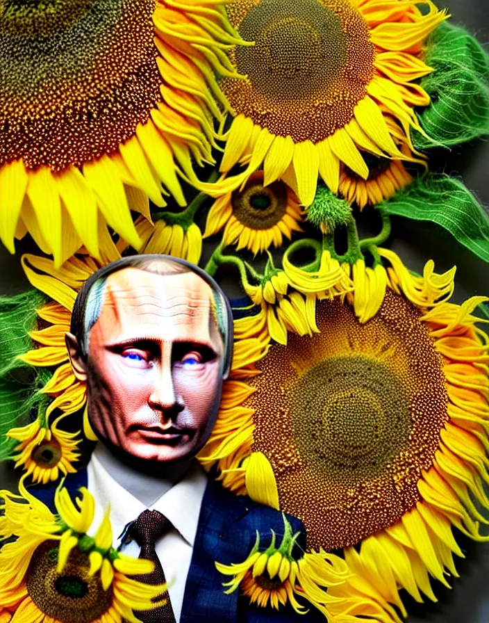 Image similar to photo portrait of Vladimir Putin - sunflowers - dressed in leisure suit with ornamental ethereal sunflower pattern, natural skin tone, highly detailed realistic flowers ornament in the upper side of breast, hair, eyebrows and wrinkles are intricate with highly detailed realistic flowers, elegant, Realistic, Refined, Highly Detailed, natural soft pastel lighting colors scheme, fine art photography by Cecil Beaton, volumetric lighting, hyper realistic photography