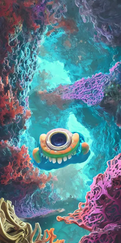 Image similar to of a colorful deep sea cave with strange cute friendly happy creatures with huge eyes, mouth, long tongue and round teeth appearing from sandy coral, in the style of gehry and gaudi, macro lens, shallow depth of field, ultra detailed, digital painting, trending artstation, concept art, illustration, cinematic lighting, photorealism, epic, octane render