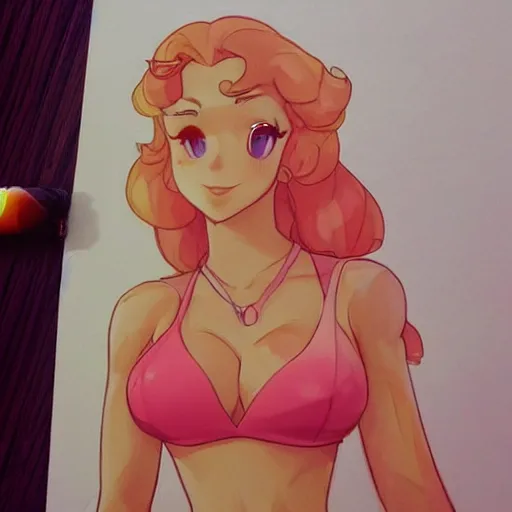 Image similar to beautiful princess peach in a bikini on the beach drawn by artgerm