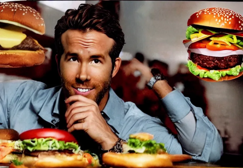 Image similar to a ultra realistic hyper realistic underexposed fujifilm 800 photograph of ryan reynolds being eaten by a burger
