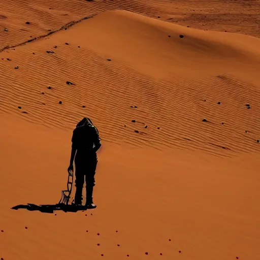 Prompt: abandoned on mars, stranded person, dream like atmosphere, melancholy, walking in the red dunes