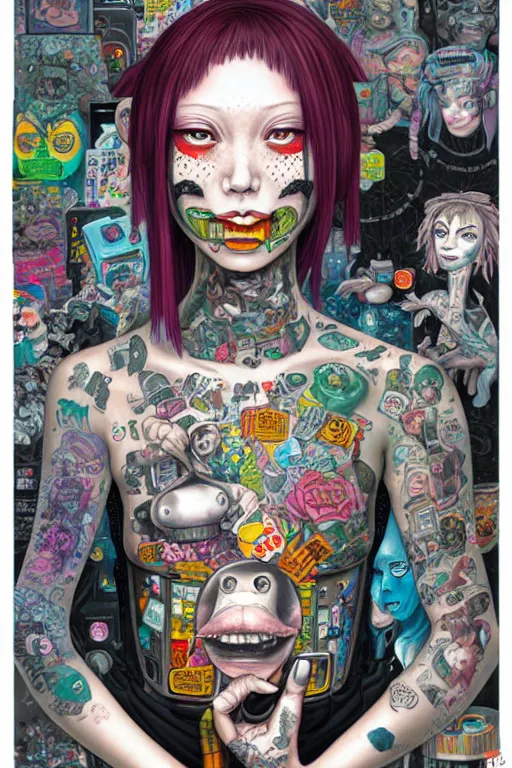 Prompt: full view, from a distance, of anthropomorphic trashcan who is a girl with tattoos from the novel neuromancer by william gibson, style of yoshii chie and hikari shimoda and martine johanna, highly detailed