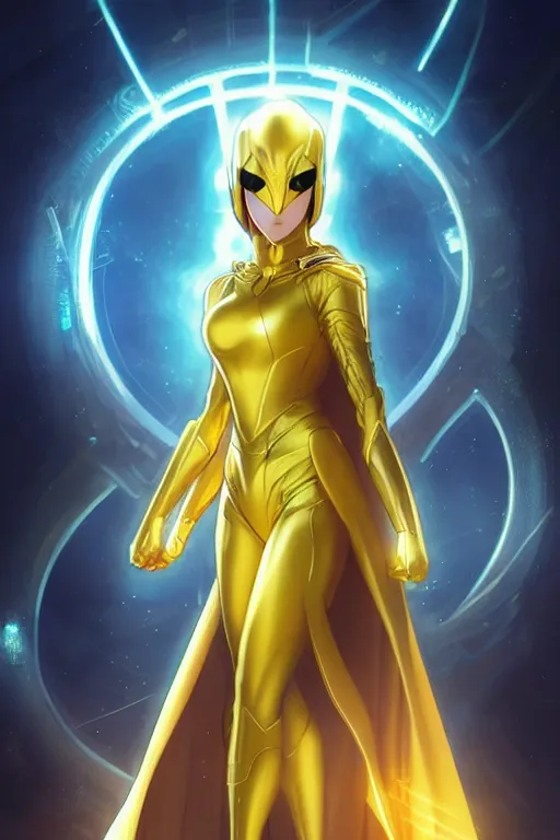 Image similar to anime key visual of a beautiful young female doctor fate!! intricate, gold and blue suit, cape, glowing, powers, dc comics, cinematic, stunning, highly detailed, digital painting, artstation, smooth, hard focus, illustration, art by artgerm and greg rutkowski and alphonse mucha