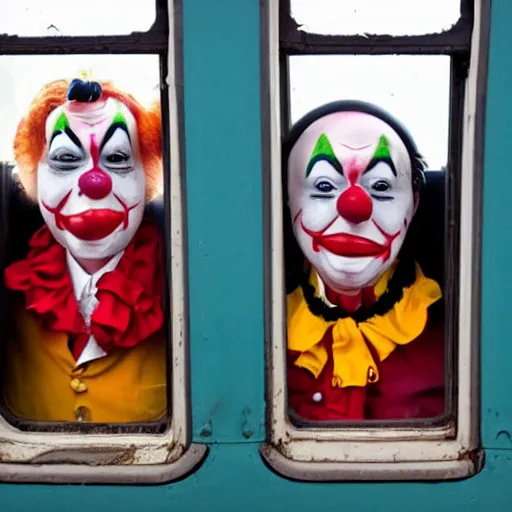 Image similar to a train full of clowns in the windows