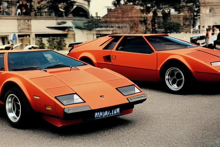 Prompt: 1975 De Tomaso Pantera Countach, movie still, speed, cinematic Eastman 5384 film