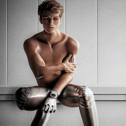 Image similar to a realistic detailed photo of a guy who is an attractive humanoid who is half robot and half humanoid, who is a male android, soccer player martin ødegaard, shiny skin, posing like a statue, blank stare, by the pool, on display, showing off his muscles, humanoid robot, frozen ice statue