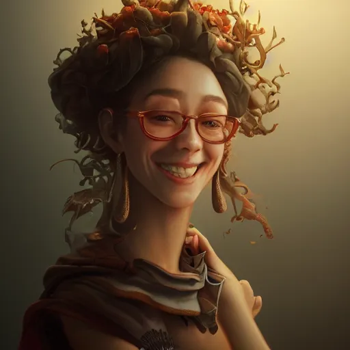 Image similar to an insanely detailed portrait of a smiling beautiful woman facing you, highly detailed features, cutting vegetables, kitchen in background, in the style of peter mohrbacher, artgerm, dramatic lighting and composition, octane render, trending on artstation, concept art 8 k