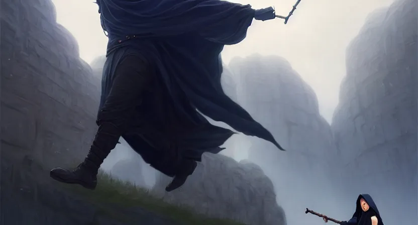 Image similar to handsome mage holding a staff running away from giant airship, black hair wearing square hooded gothic navy cloak, cave town, movie action still frame, ultra wide horizon, intricate, elegant, highly detailed, hyperrealism, digital painting, concept art, smooth, sharp, focus, illustration, art by artgerm, greg rutkowski, ilya kuvshinov