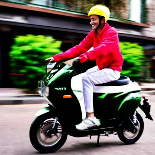 Image similar to delivery driver on moped delivering packages, bright color, bubbly, artistic rendering, cartoon, no blur, white background