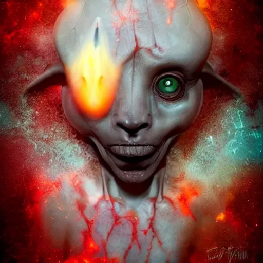 Image similar to realistic alien with horns. red eyes, human eyes, background flames, by alberto seveso