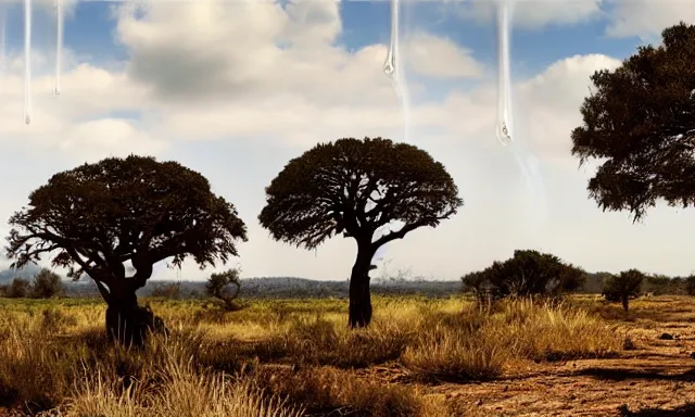 Image similar to panorama of big raindrops flying upwards into the perfect cloudless blue sky from a dried up river in a desolate land, dead trees, blue sky, hot and sunny highly-detailed, elegant, dramatic lighting, artstation, 4k, cinematic landscape, photograph by National Geographic