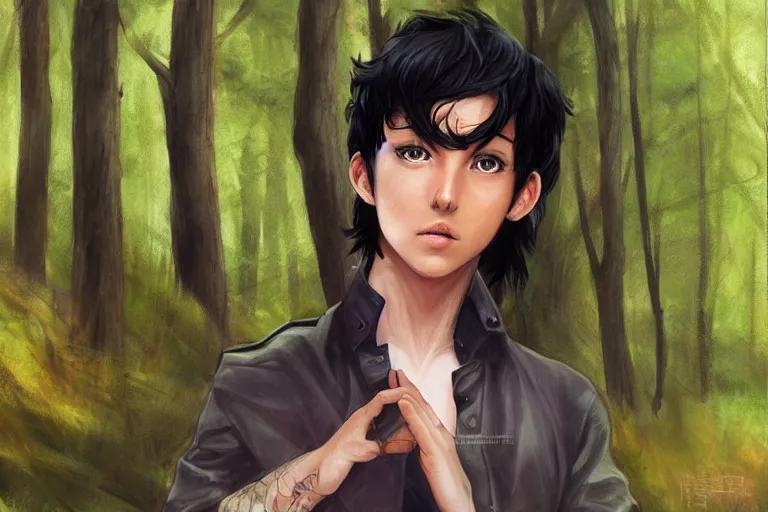 Image similar to a young boy with black hair and green eyes and a highway were standing in a forest by artgerm.