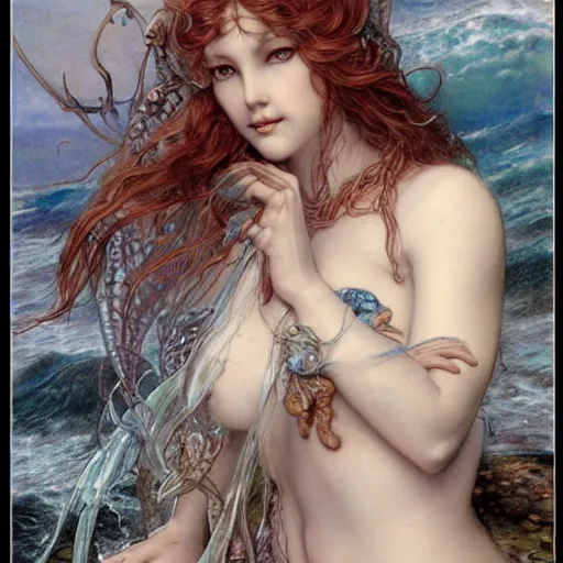 Prompt: realistic detailed portrait of a mermaid by gerald moira, ayami kojima, amano, greg hildebrandt, ann long, and mark brooks, female, feminine, art nouveau, victorian, neo - gothic, gothic, character concept design