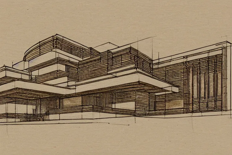 Prompt: a very detailed architectural sketch of a modern building by frank lloyd wright on a textured brown paper, windows bright with orange and yellow light color spilling on the floor