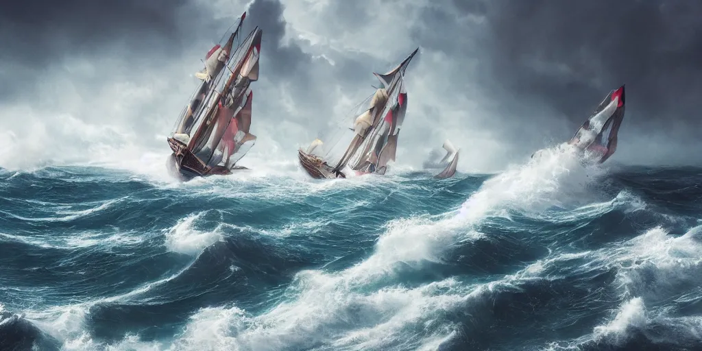 Prompt: 3 masted sailing vessel crashing through raging seas, vibrant color illustration, photorealistic illustration, breathtaking composition, terrifying waves, sailors holding on for dear life, 8 k resolution, octane render, sailboat in a hurricane,
