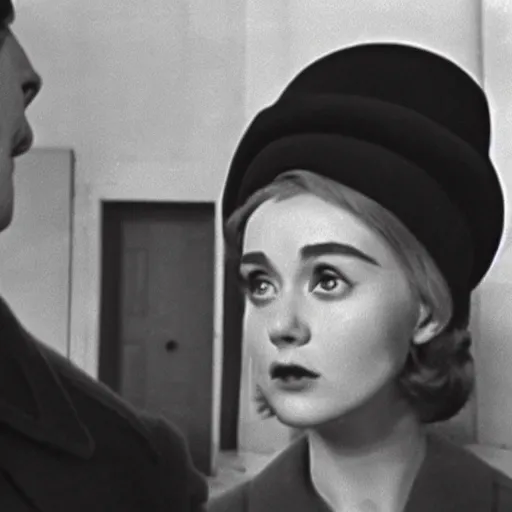 Image similar to still from a masterpiece 1 9 6 0 s french art film, very beautiful and elegant girl in beret with large eyebrows with an angry expression while talking to a man, moody lighting, viewed from afar, cinematic shot, the movie is in color, communist aesthetic