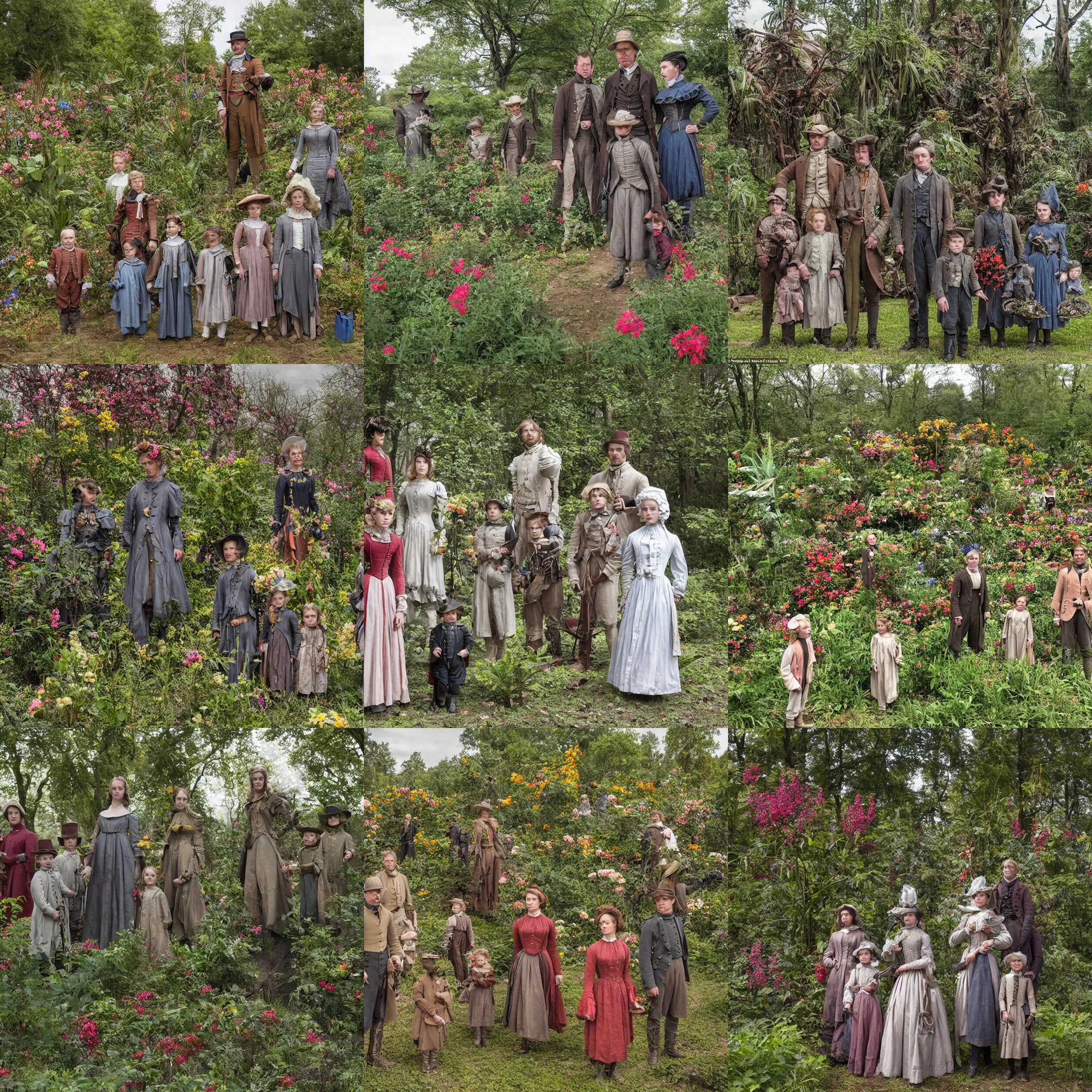 Prompt: sharp, highly detailed, 9216k film, 175000mm film still from a sci fi blockbuster color movie made in 2019, set in 1860, of a family standing in a park, next to some strange alien plants and flowers, on an alien planet, the family are all wearing 1860s era clothes, enhanced faces, atmospheric lighting, 350mm f/1.4L lens