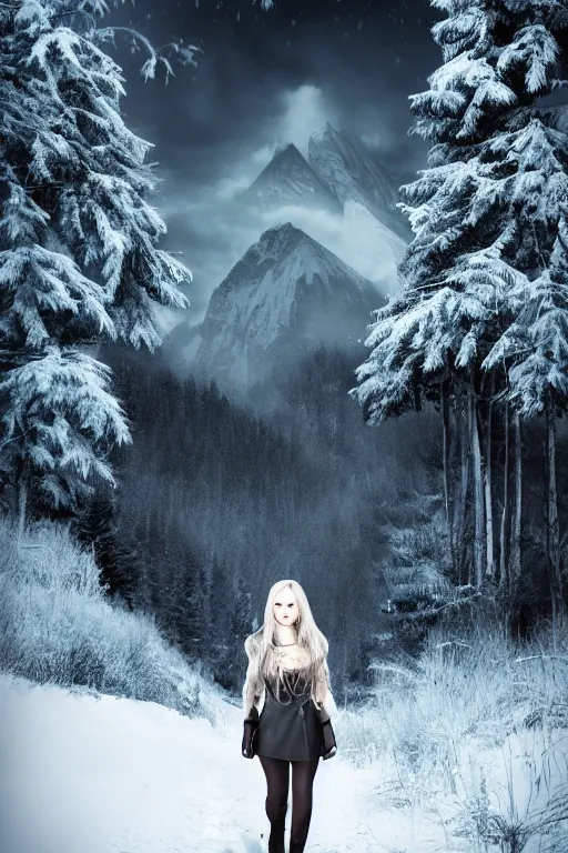 Prompt: digital matte fantasy dreamy mountain scape dark tones snow, long - haired blonde cyber girl walking alone with a wolf, behance