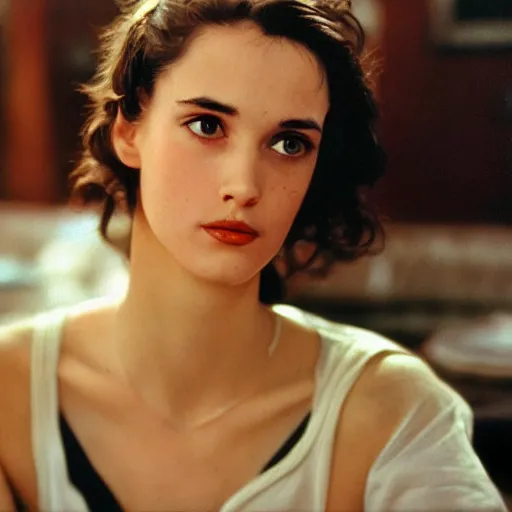 Image similar to young Winona Ryder at a diner, head and shoulders portrait, extremely detailed masterpiece, Roger Deakin’s cinematography, oil on canvas, Norman Rockwell.