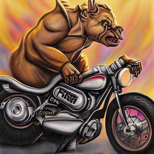Prompt: soft airbrush art of an orc driving a motorcycle