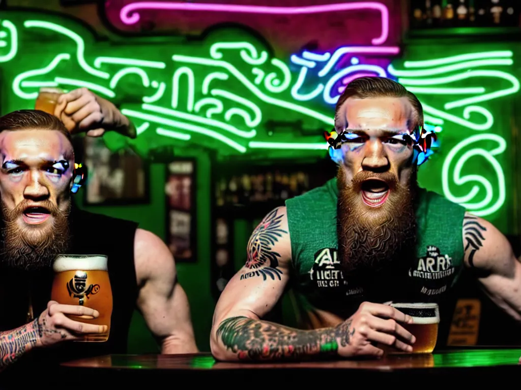 Image similar to a well framed portrait of conor mcgregor drinking a beer in an irish pub with a neon bar, laser lighting, trending on art station, in the style of the movie heat with al pacino, volumetric lighting & shadows, hyper detailed, digital art, unreal engine, 4 0 0 mm f 1. 8,