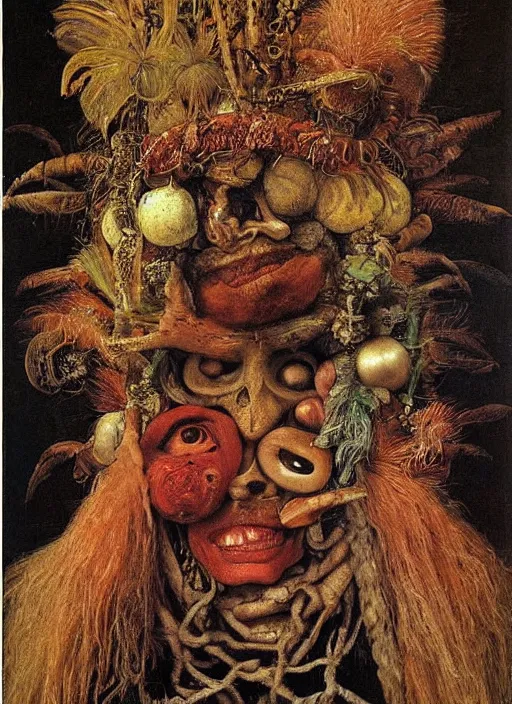 Image similar to a surreal painting of a shaman's face, by Giuseppe Arcimboldo, angels & demons, symbolist, soft colors, dramatic lighting, smooth, sharp focus, extremely detailed, aesthetically pleasing composition